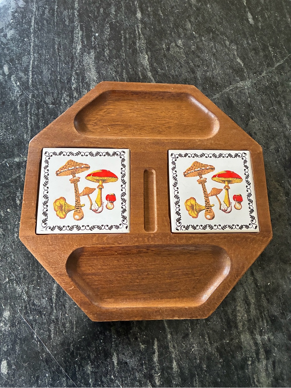 VTG Mushroom Tray Wooden Ceramic Tile 70s MCM EUC